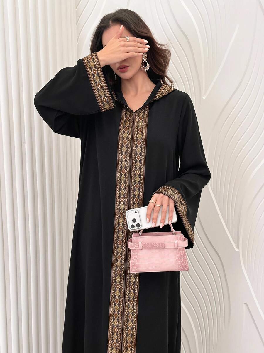 Al Najma Velvet Embroidered Long Robe, Embroidered Long Caftan, Modest Kaftan - Black - View 1