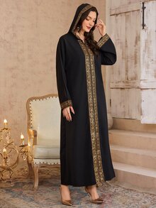 Al Najma Velvet Embroidered Long Robe, Embroidered Long Caftan, Modest Kaftan - Black - View 3