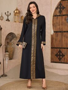 Al Najma Velvet Embroidered Long Robe, Embroidered Long Caftan, Modest Kaftan - Black - View 6
