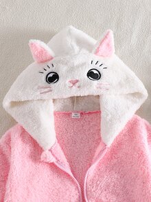 SHEIN 1pc Girls' Soft Cute Plush Jacket, Colorblock Hooded Zip-Up Pocket Short Coat, Soft And Cozy, Suitable For Camping, Travel, Daily Wear, Autumn/Winter - Pink - View 5