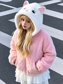 SHEIN 1pc Girls' Soft Cute Plush Jacket, Colorblock Hooded Zip-Up Pocket Short Coat, Soft And Cozy, Suitable For Camping, Travel, Daily Wear, Autumn/Winter - Pink - View 3