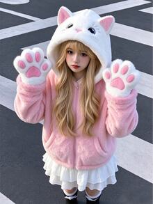 SHEIN 1pc Girls' Soft Cute Plush Jacket, Colorblock Hooded Zip-Up Pocket Short Coat, Soft And Cozy, Suitable For Camping, Travel, Daily Wear, Autumn/Winter - Pink - View 1