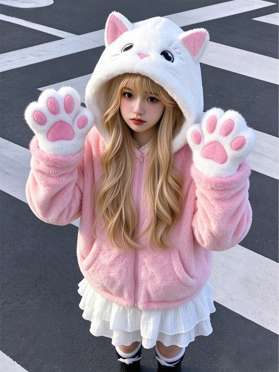 SHEIN 1pc Girls' Soft Cute Plush Jacket, Colorblock Hooded Zip-Up Pocket Short Coat, Soft And Cozy, Suitable For Camping, Travel, Daily Wear, Autumn/Winter - Pink - View 1