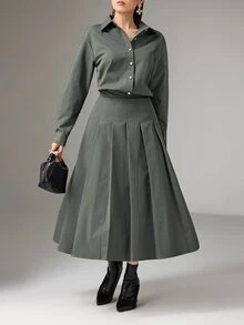 Heiryn Conjunto de 2 piezas de blusa de unicolor y falda plisada para mujer, de moda para ir al trabajo - Verde - Ver 5
