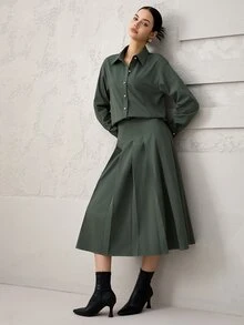 Heiryn Conjunto de 2 piezas de blusa de unicolor y falda plisada para mujer, de moda para ir al trabajo - Verde - Ver 2