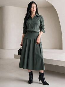 Heiryn Conjunto de 2 piezas de blusa de unicolor y falda plisada para mujer, de moda para ir al trabajo - Verde - Ver 10