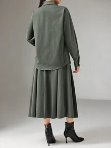 Heiryn Conjunto de 2 piezas de blusa de unicolor y falda plisada para mujer, de moda para ir al trabajo - Verde - Ver 4