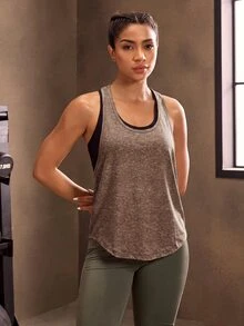 Powerista 女款極簡運動休閒多功能不對稱下擺掛脖運動上衣，適合健身、跑步、健身房、皮拉提斯、瑜伽運動，摩卡棕色，夏季款 - 卡其色 - 查看 4