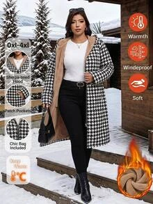 SHEIN Clasi 大尺碼女款千鳥格前拉鍊休閒保暖內裡連帽長版外套 冬季 - 黑與白 - 查看 11