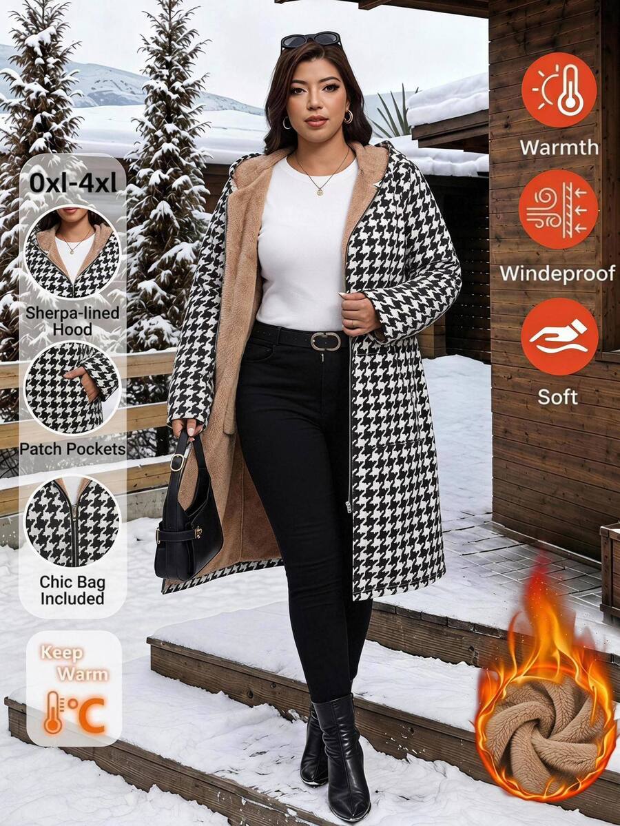 SHEIN Clasi Plus Size Women's Houndstooth Zipper Front Casual Thermal Lined Long Hooded Jacket Winter