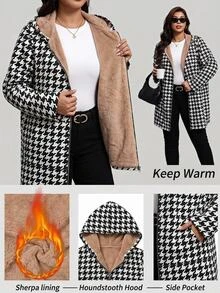 SHEIN Clasi 大尺碼女款千鳥格前拉鍊休閒保暖內裡連帽長版外套 冬季 - 黑與白 - 查看 9