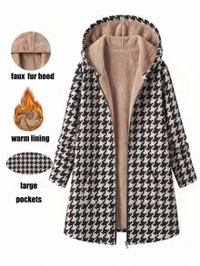 SHEIN Clasi 大尺碼女款千鳥格前拉鍊休閒保暖內裡連帽長版外套 冬季 - 黑與白 - 查看 10