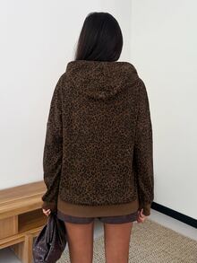 SHEIN Unity Brown Leopard Print Half-Zip Sweatshirt, Women's Drop Shoulder Long Sleeve Drawstring Hooded Top, Loose Short Casual Street Style, Y2K Retro Daily Commute Autumn Outfit Fashion Pullover - Brown - View 3