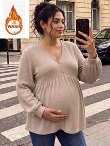 SHEIN Plus Size Maternity Casual Minimalist Long Sleeve V-Neck Front Button Decor Bust Design A-Line Hem Khaki Knit Ribbed T-Shirt Fall - Khaki - View 13
