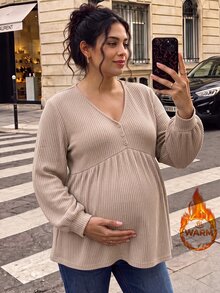 SHEIN Plus Size Maternity Casual Minimalist Long Sleeve V-Neck Front Button Decor Bust Design A-Line Hem Khaki Knit Ribbed T-Shirt Fall - Khaki - View 9