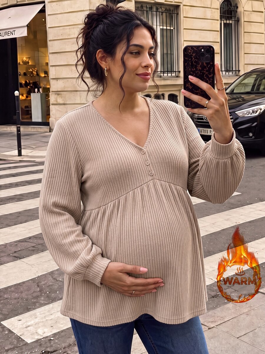 SHEIN Plus Size Maternity Casual Minimalist Long Sleeve V-Neck Front Button Decor Bust Design A-Line Hem Khaki Knit Ribbed T-Shirt Fall - Khaki - View 1