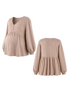 SHEIN Plus Size Maternity Casual Minimalist Long Sleeve V-Neck Front Button Decor Bust Design A-Line Hem Khaki Knit Ribbed T-Shirt Fall - Khaki - View 5