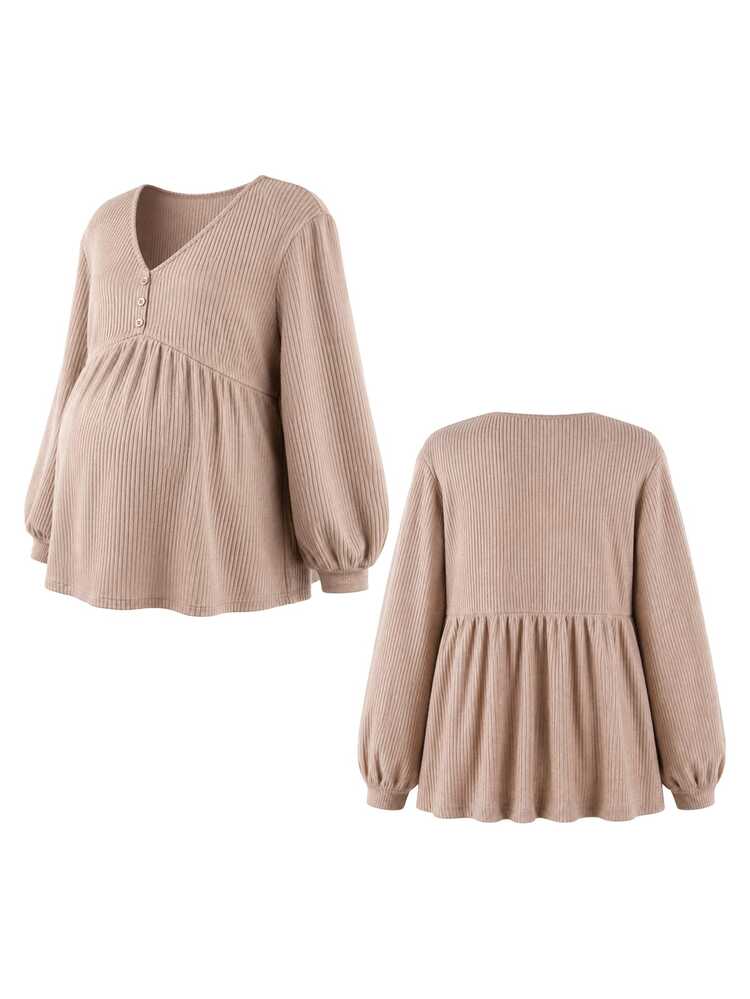 SHEIN Plus Size Maternity Casual Minimalist Long Sleeve V-Neck Front Button Decor Bust Design A-Line Hem Khaki Knit Ribbed T-Shirt Fall - Khaki - View 5