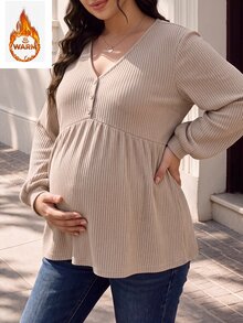 SHEIN Plus Size Maternity Casual Minimalist Long Sleeve V-Neck Front Button Decor Bust Design A-Line Hem Khaki Knit Ribbed T-Shirt Fall - Khaki - View 12