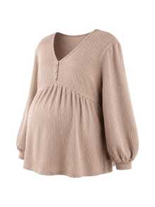 SHEIN Plus Size Maternity Casual Minimalist Long Sleeve V-Neck Front Button Decor Bust Design A-Line Hem Khaki Knit Ribbed T-Shirt Fall - Khaki - View 3