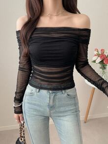 Joudiya Women's Elastic Mesh Sheer Off-Shoulder Top, Spring/Summer Long Sleeve Women Tops Going Out Tops Women Crop Top - Black - View 8