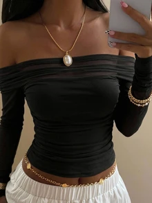Joudiya Women's Elastic Mesh Sheer Off-Shoulder Top, Spring/Summer Long Sleeve Women Tops Going Out Tops Women Crop Top - Black - View 7