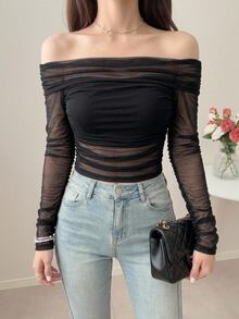 Joudiya Women's Elastic Mesh Sheer Off-Shoulder Top, Spring/Summer Long Sleeve Women Tops Going Out Tops Women Crop Top - Black - View 9