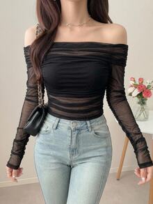 Joudiya Women's Elastic Mesh Sheer Off-Shoulder Top, Spring/Summer Long Sleeve Women Tops Going Out Tops Women Crop Top - Black - View 11