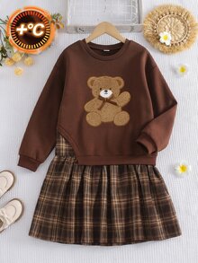 SHEIN 1件女孩棕色運動衫拼接印花二合一洋裝，休閒學院風可愛日常洋裝，適合秋季感恩節校園穿著，棕色格紋 - 彩色 - 查看 4