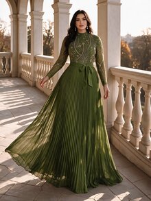 Coutiva Plus Size Sequin Luxury Pleated Formal Evening Dress (Heavy Workmanship Style) - Army Green - View 2