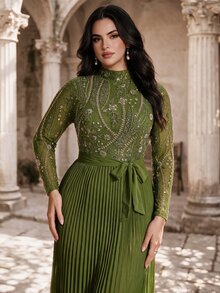 Coutiva Plus Size Sequin Luxury Pleated Formal Evening Dress (Heavy Workmanship Style) - Army Green - View 6