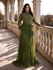 Coutiva Plus Size Sequin Luxury Pleated Formal Evening Dress (Heavy Workmanship Style) - Army Green - View 7