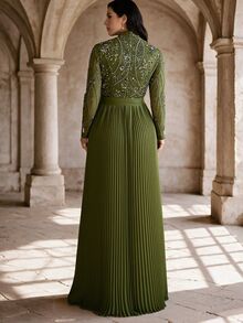 Coutiva Plus Size Sequin Luxury Pleated Formal Evening Dress (Heavy Workmanship Style) - Army Green - View 3