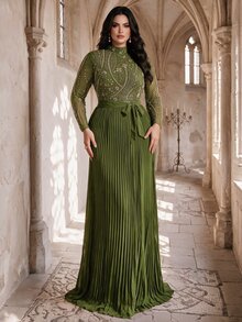 Coutiva Plus Size Sequin Luxury Pleated Formal Evening Dress (Heavy Workmanship Style) - Army Green - View 5