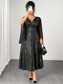 Elenzga Plus Size Women's Elegant Sexy V-Neck Waist-Cinching A-Line Dress, Chiffon Patchwork, Suitable For Parties And Gatherings Fall - Black - View 7