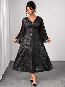 Elenzga Plus Size Women's Elegant Sexy V-Neck Waist-Cinching A-Line Dress, Chiffon Patchwork, Suitable For Parties And Gatherings Fall - Black - View 5