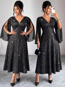 Elenzga Plus Size Women's Elegant Sexy V-Neck Waist-Cinching A-Line Dress, Chiffon Patchwork, Suitable For Parties And Gatherings Fall - Black - View 3