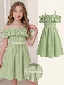 SHEIN Tween Girl Waist Cute Woven Mini Dress, Sage Green Summer Elegant Vacation Ruffled Ruffle Adjustable Neckline, Party Flower Girl - Green - View 4