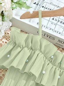 SHEIN Tween Girl Waist Cute Woven Mini Dress, Sage Green Summer Elegant Vacation Ruffled Ruffle Adjustable Neckline, Party Flower Girl - Green - View 6