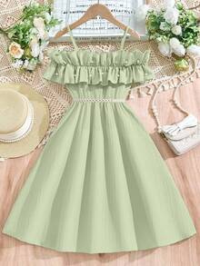 SHEIN Tween Girl Waist Cute Woven Mini Dress, Sage Green Summer Elegant Vacation Ruffled Ruffle Adjustable Neckline, Party Flower Girl - Green - View 2