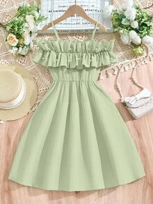 SHEIN Tween Girl Waist Cute Woven Mini Dress, Sage Green Summer Elegant Vacation Ruffled Ruffle Adjustable Neckline, Party Flower Girl - Green - View 8
