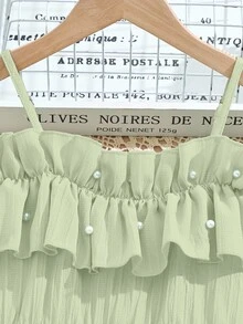 SHEIN Tween Girl Waist Cute Woven Mini Dress, Sage Green Summer Elegant Vacation Ruffled Ruffle Adjustable Neckline, Party Flower Girl - Green - View 5