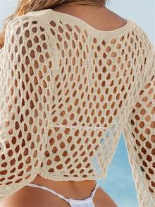 Breezaya Summer Beach Women Vacation Shell Embellished Hollow Out Long Sleeve Crop Top - Apricot - View 2