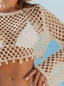 Breezaya Summer Beach Women Vacation Shell Embellished Hollow Out Long Sleeve Crop Top - Apricot - View 3