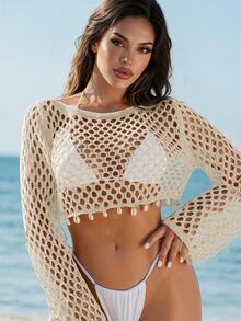 Breezaya Summer Beach Women Vacation Shell Embellished Hollow Out Long Sleeve Crop Top - Apricot - View 4