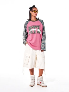 SUMWON WOMEN Oversized Raglan Long Sleeve Top With Camouflage Contrast Sleeves And City Graphic Print Colorblock Design - Pink - View 3