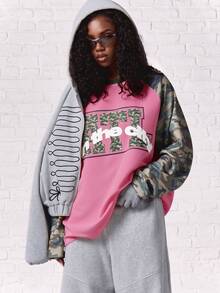 SUMWON WOMEN Oversized Raglan Long Sleeve Top With Camouflage Contrast Sleeves And City Graphic Print Colorblock Design - Pink - View 6