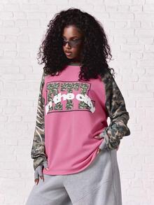 SUMWON WOMEN Oversized Raglan Long Sleeve Top With Camouflage Contrast Sleeves And City Graphic Print Colorblock Design - Pink - View 5