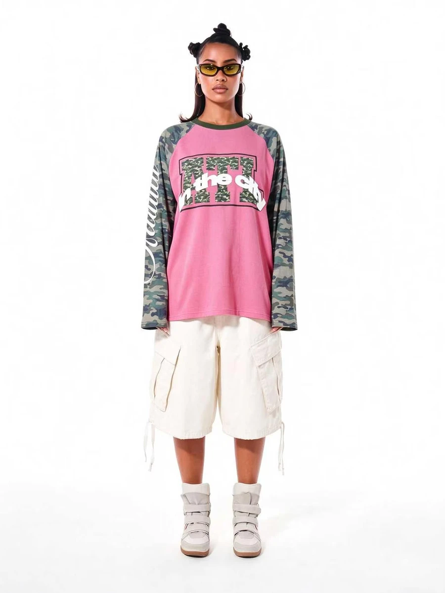SUMWON WOMEN Oversized Raglan Long Sleeve Top With Camouflage Contrast Sleeves And City Graphic Print Colorblock Design - Pink - View 1