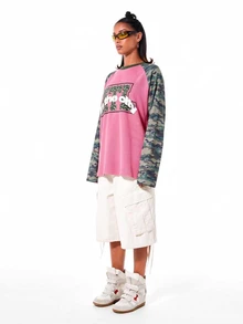 SUMWON WOMEN Oversized Raglan Long Sleeve Top With Camouflage Contrast Sleeves And City Graphic Print Colorblock Design - Pink - View 2